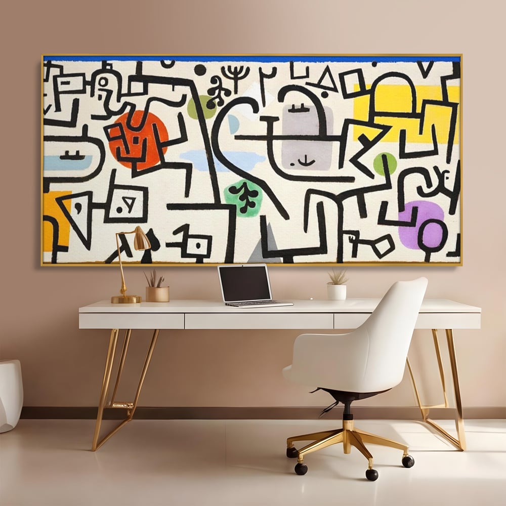 Tablou canvas cu pictura abstracta cu forme negre si pete colorate, in rama de aluminiu auriu, pe perete intr-un birou